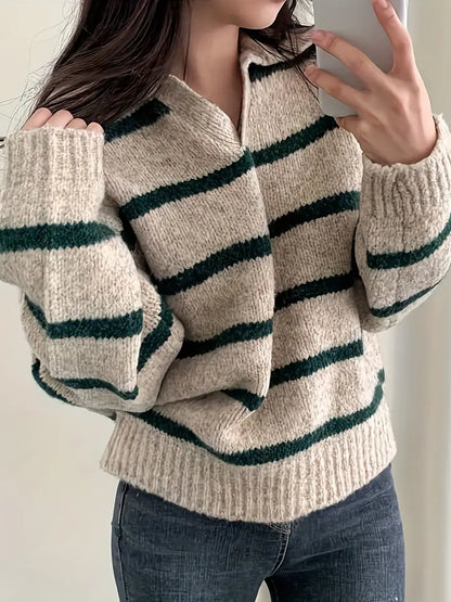 Jess - Mühelose Eleganz Gestreifter V-Ausschnitt Strickpullover