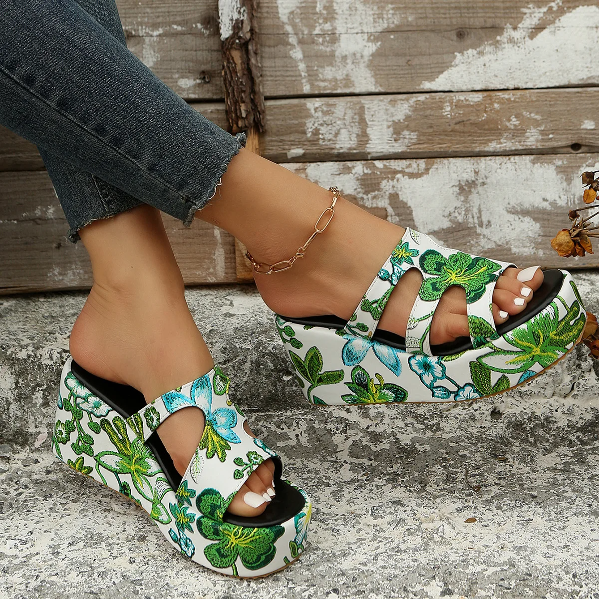 Susana - Sommer Pantoffeln Floral Keilabsatz Sandalen